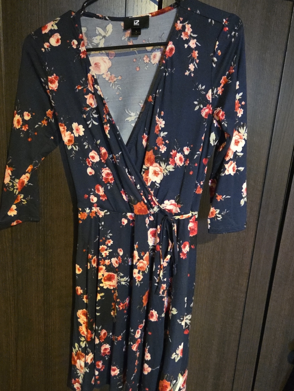 Iz Byer Navy Floral Wrap Dress with Red and Cream Blooms